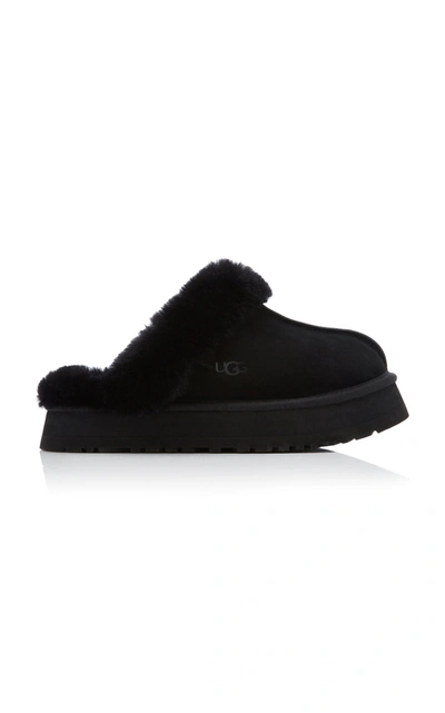 Shop Ugg Disquette Sheepskin-lined Suede Platform Slippers In Black