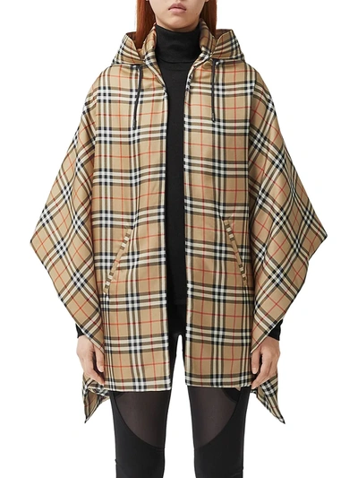 Shop Burberry Checked Silk Hooded Poncho In Archive Beige