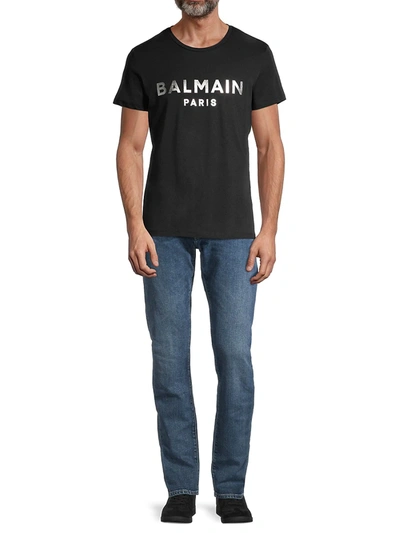 Shop Balmain Men's Silver Metallic Logo Cotton T-shirt In Noir Or