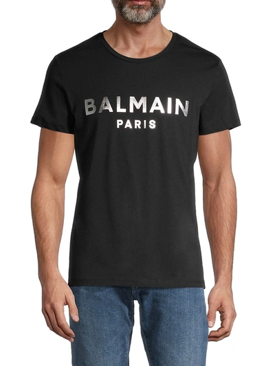 Shop Balmain Men's Silver Metallic Logo Cotton T-shirt In Noir Or