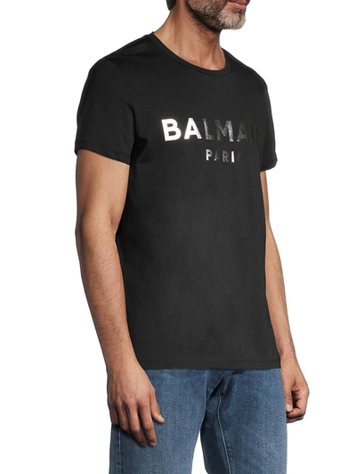 Shop Balmain Men's Silver Metallic Logo Cotton T-shirt In Noir Or