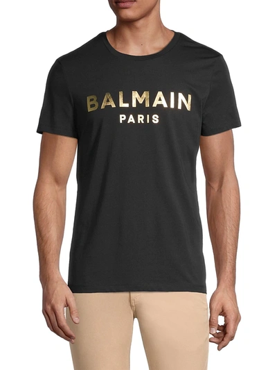 Shop Balmain Men's Silver Metallic Logo Cotton T-shirt In Noir Or