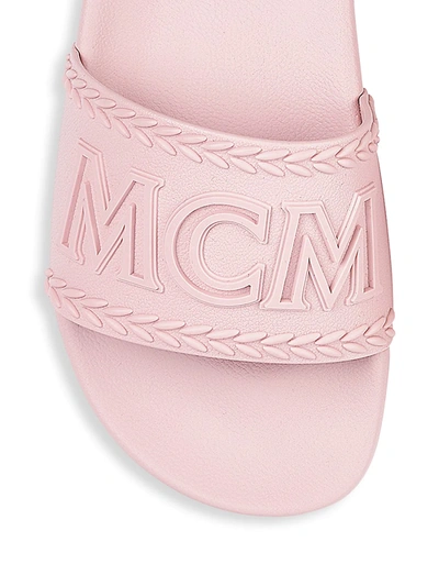 Shop Mcm Men's Logo-embossed Laurel Leaves Pool Slide Sandals In Lychee
