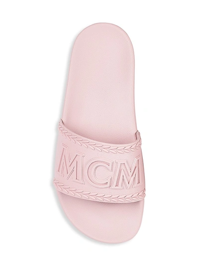Shop Mcm Men's Logo-embossed Laurel Leaves Pool Slide Sandals In Lychee