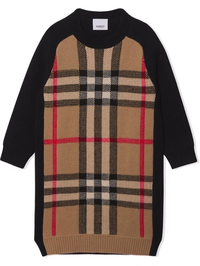 Shop Burberry Check Jacquard Sweater Dress In Brown