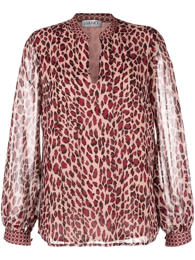 Shop Liu •jo Leopard-print Sheer-sleeved Blouse In Pink
