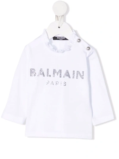 Shop Balmain Embellished-logo Long-sleeved T-shirt In White