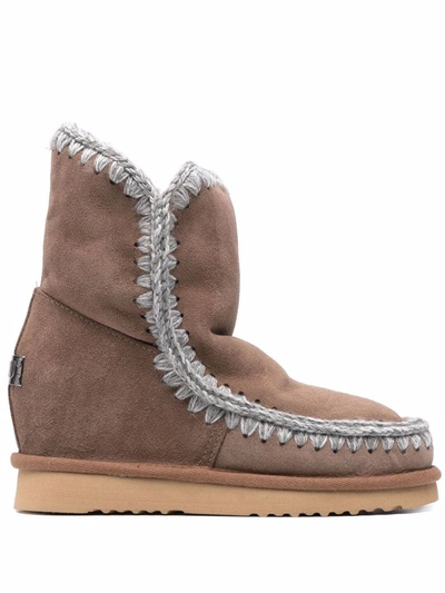 Shop Mou Crochet Stitch-trim Wedge Boots In Brown
