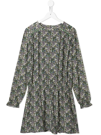 Shop Bonpoint Teen Floral-print Gathered Dress In Green