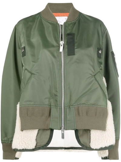 Shop Sacai Layered Ruched Bomber Jacket In Green