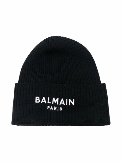 Balmain Teen Logo-embroidered Wool Beanie In 黑色