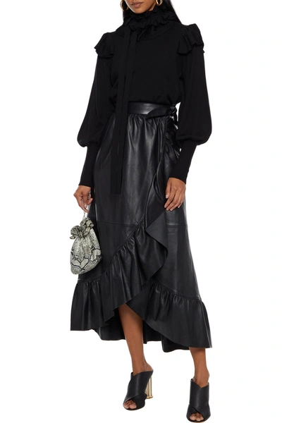 Shop Zimmermann Ladybeetle Ruffled Leather Midi Wrap Skirt In Black