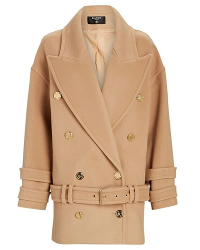 Shop Balmain Double-breasted Wool-cashmere Coat In Beige