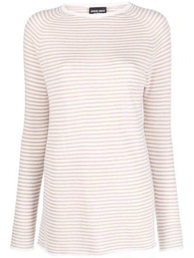Shop Giorgio Armani Striped Long-sleeve Cashmere Top In Neutrals
