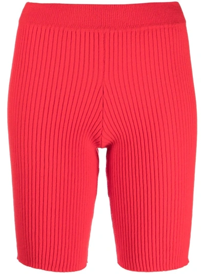 Shop Ami Amalia Ribbed-knit High-waisted Cycle Shorts In Red