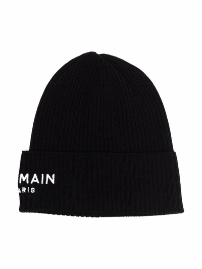 Balmain Teen Logo-embroidered Wool Beanie In Black