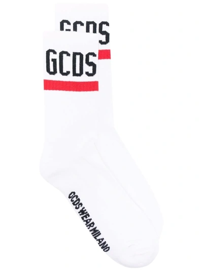 Shop Gcds Ribbed-knit Logo Embroidered Socks In White