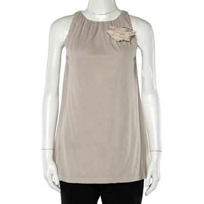 Pre-owned Brunello Cucinelli Beige Cotton Knit Applique Detail Sleeveless Tunic M