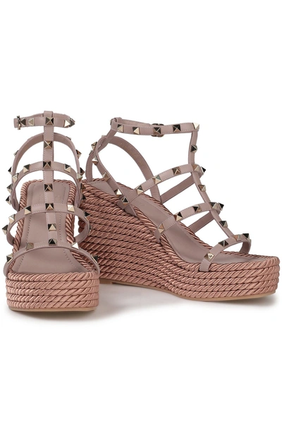 Shop Valentino Rockstud Leather And Cord Wedge Sandals In Neutral