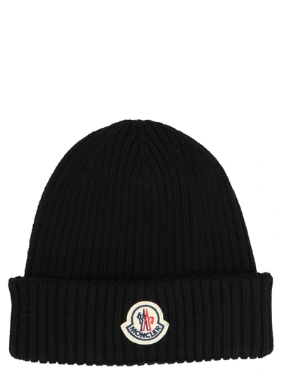 Shop Moncler Logo Patched Ribbed Beanie In Black