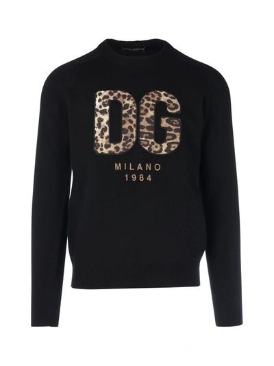 Shop Dolce & Gabbana Wool Sweater With Leopard Logo In Black