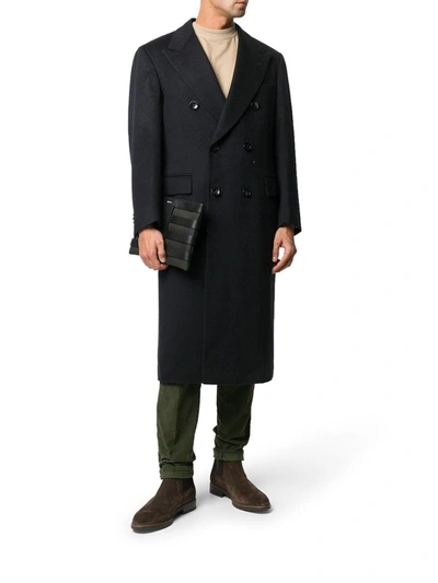 Shop Kiton Double Breasted Cashmere Coat In Blue