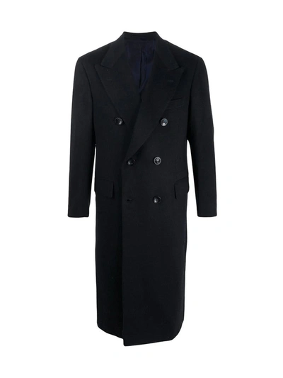 Shop Kiton Double Breasted Cashmere Coat In Blue