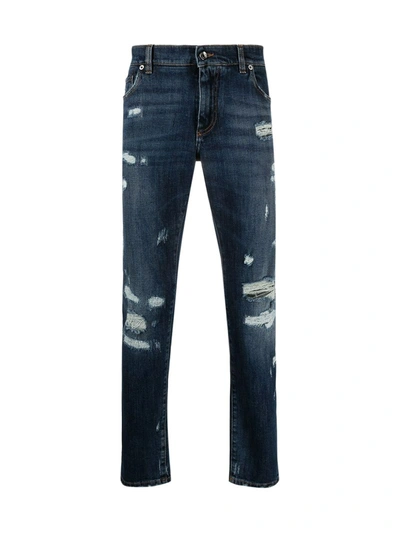 Shop Dolce & Gabbana Embossed Logo Ripped Slim-fit Jeans In Multicolour