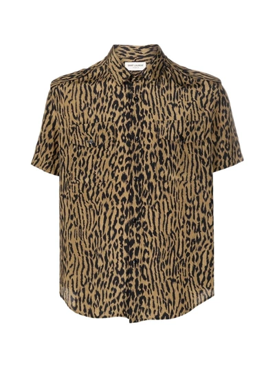 Shop Saint Laurent Leopard Short Sleeve Shirt In Green