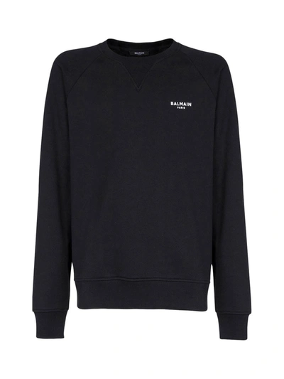 Shop Balmain Black Cotton Sweatshirt With Small White Flocked  Paris Logo