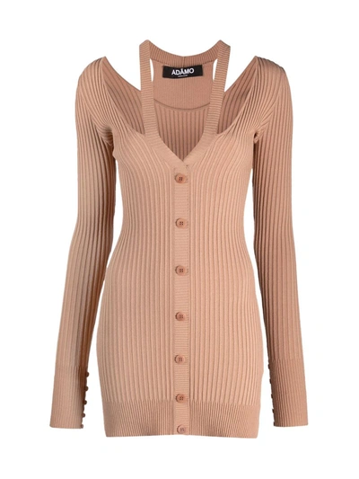 Shop Adamo Ribbed-knit V-neck Mini Dress In Nude & Neutrals