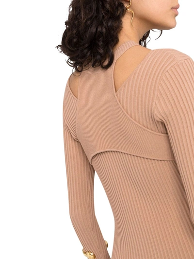 Shop Adamo Ribbed-knit V-neck Mini Dress In Nude & Neutrals