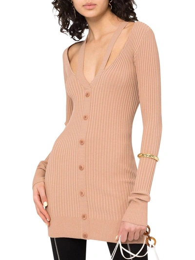 Shop Adamo Ribbed-knit V-neck Mini Dress In Nude & Neutrals