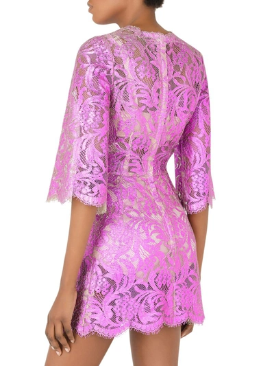 Shop Dolce & Gabbana Short Dress In Laminated Lace In Pink & Purple
