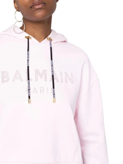 Shop Balmain Rhinestone Logo Cotton Hoodie In Pink & Purple