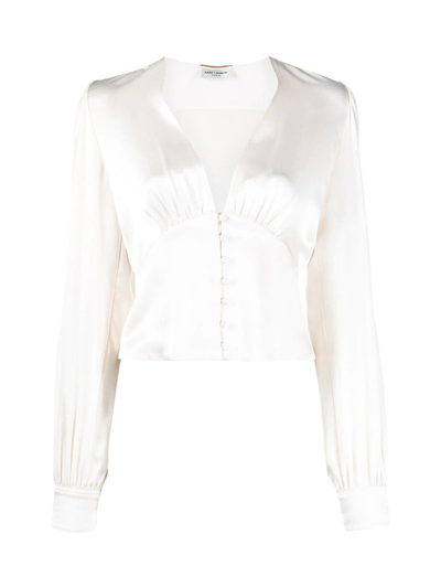 Shop Saint Laurent V-neck Silk Blouse In White