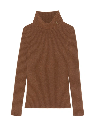 Shop Saint Laurent Ribbed Turtleneck Sweater In Wool And Cashmere In Brown