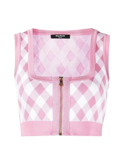 Shop Balmain Gingham Zipped Knitted Top In Pink & Purple