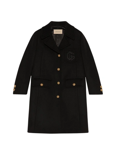 Shop Gucci Wool Coat With Double G Embroidery In Black