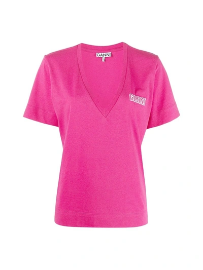 Shop Ganni Thin Software Jersey V-neck T.shirt In Pink & Purple