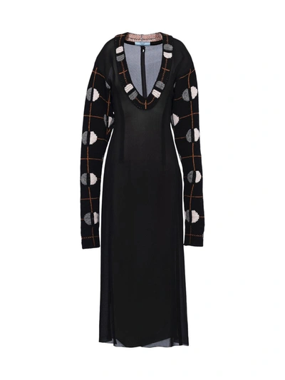 Shop Prada Jacquard Detail Midi Dress In Black