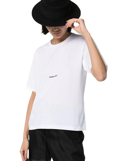 Saint Laurent Women Basic White T-shirt With Miiddle Logo Print In Cotton Woman In White