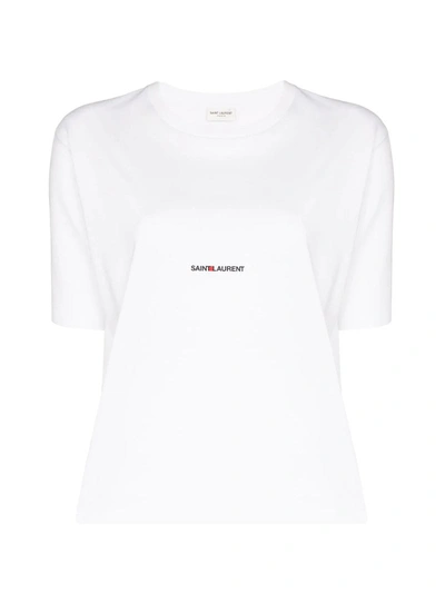 Saint Laurent Women Basic White T-shirt With Miiddle Logo Print In Cotton Woman In White