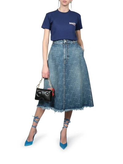 Shop Balenciaga Trapeze Skirt In Denim Logo Print In Blue