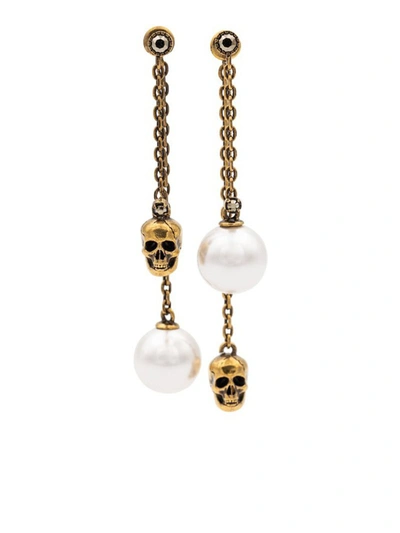Shop Alexander Mcqueen Pearl-embellished Skull Pendant Earrings In Gold In Multicolour