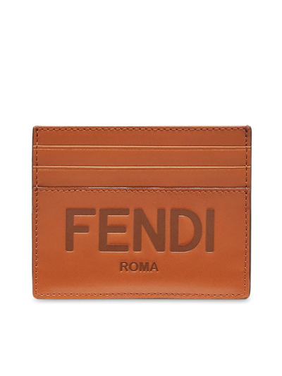 Shop Fendi Debossed Logo Cardholder In Brown