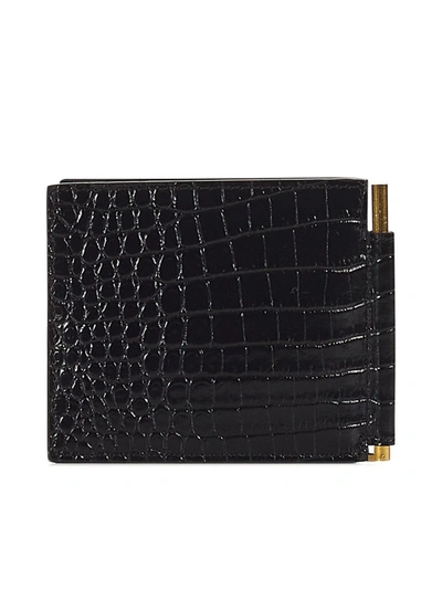 Shop Tom Ford Wallet In Black Crocodile-effect Calfskin With Golden Logo Print On The Front.