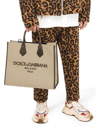 Shop Dolce & Gabbana Logo-embroidered Canvas Tote Bag In Brown