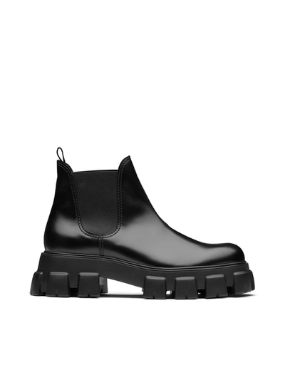 Shop Prada Monolith Brushed Leather Chelsea Boots In Black