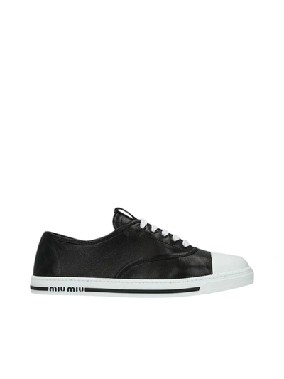 Shop Miu Miu Nappa Leather Lace-up Sneakers In Black